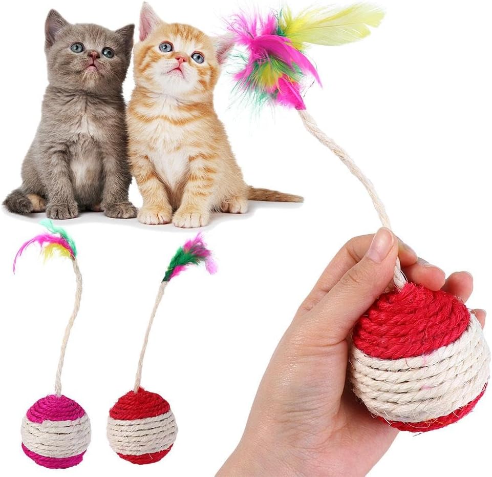 Kopida Cats Toys Feather Cat Balls, Cat Scratcher Toy Sisal Cat Scratching Rotatable Ball Molar Chew Toy Cat Feather Ball Cat Interactive Toys