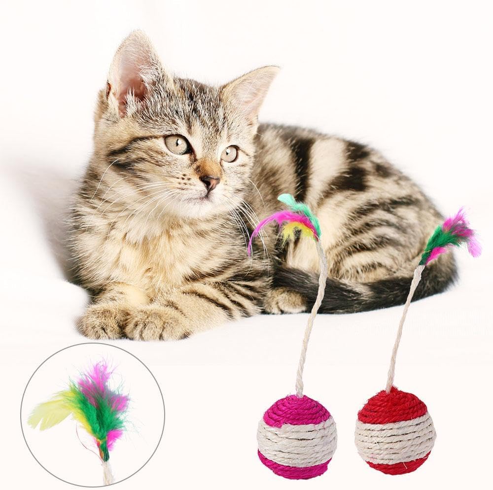 Kopida Cats Toys Feather Cat Balls, Cat Scratcher Toy Sisal Cat Scratching Rotatable Ball Molar Chew Toy Cat Feather Ball Cat Interactive Toys