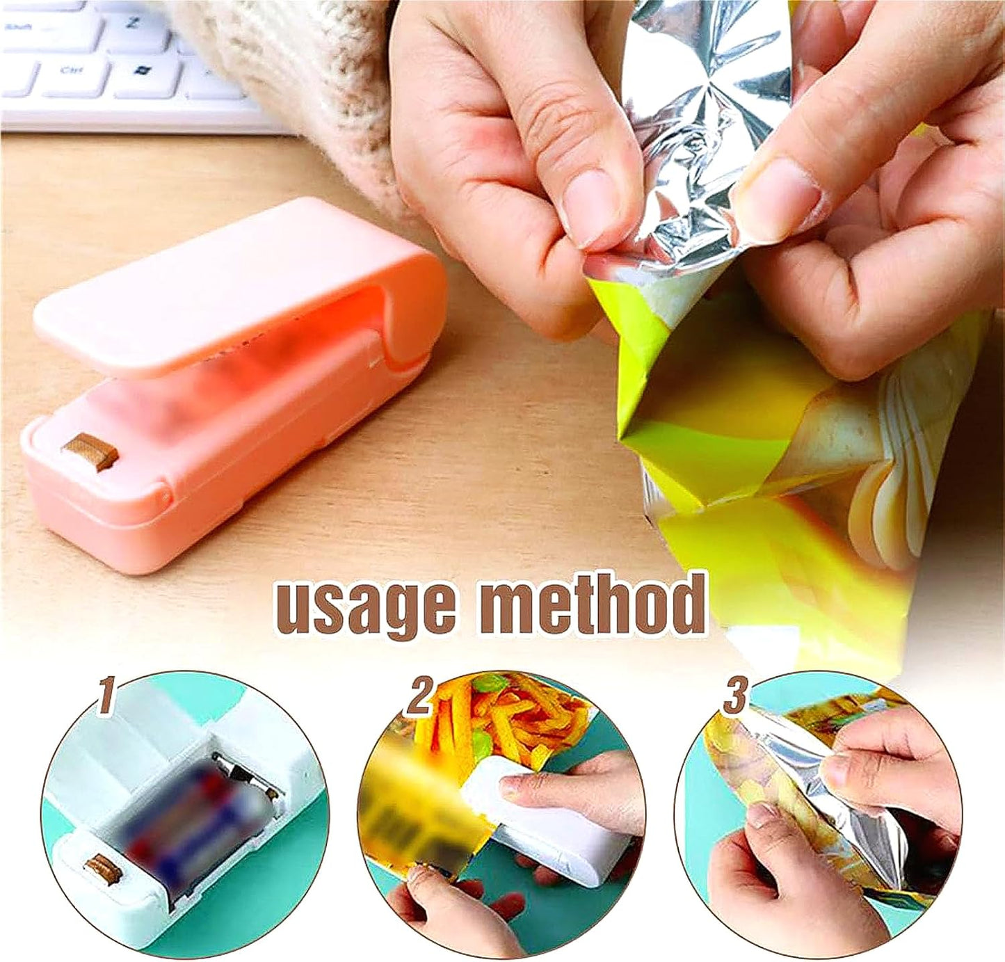 Mini Bag Sealer, Portable Mini Sealing Machine Vacuum Handheld Chip Bag Sealer Heat Seal and Cutter Resealer Machine Kitchen Gadget for Snacks Candies Plastic Bag Freshness Food Storage