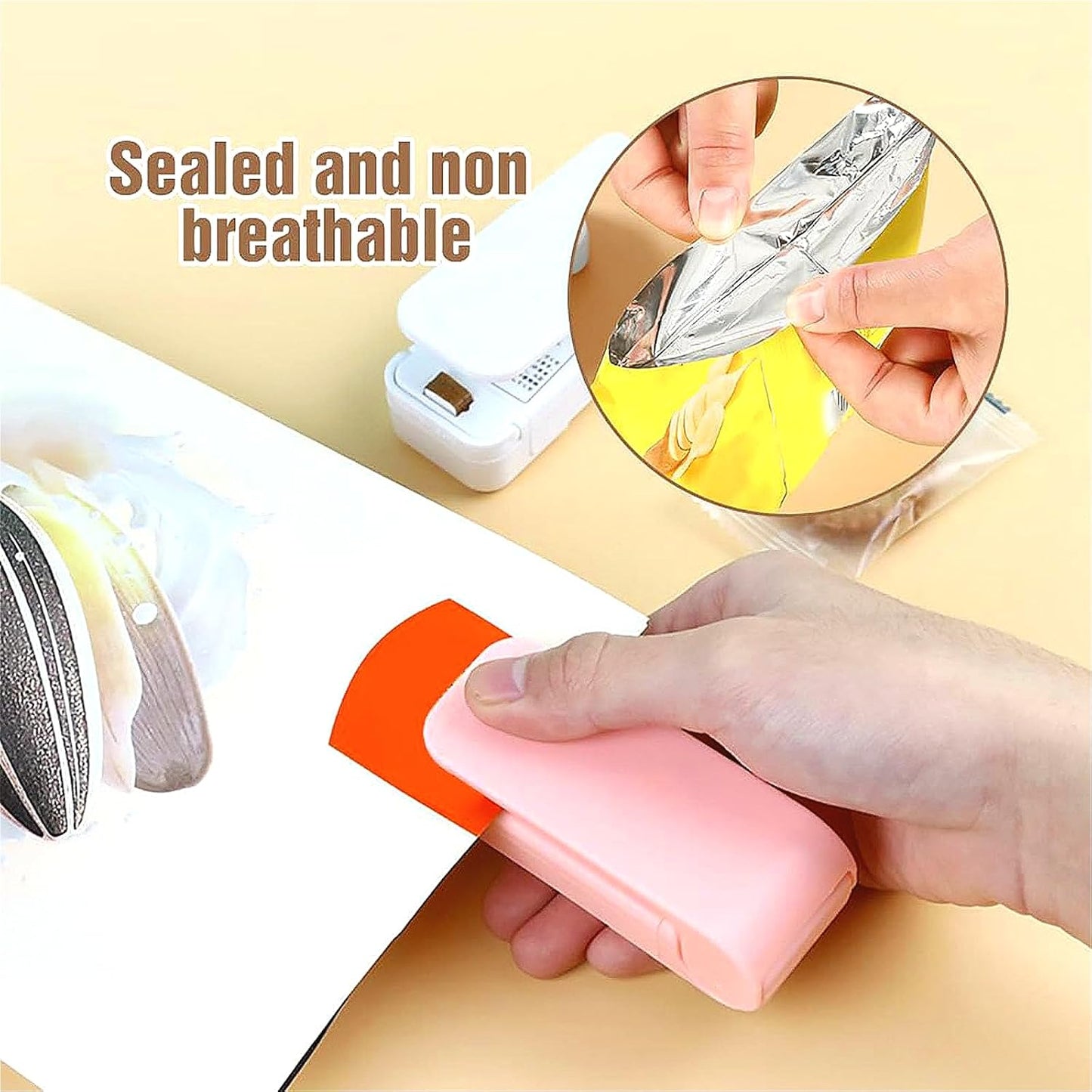 Mini Bag Sealer, Portable Mini Sealing Machine Vacuum Handheld Chip Bag Sealer Heat Seal and Cutter Resealer Machine Kitchen Gadget for Snacks Candies Plastic Bag Freshness Food Storage