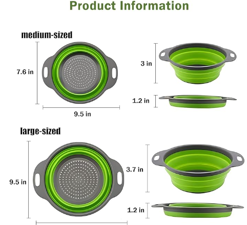 Collapsible Colander Set of 2 Silicone Kitchen Strainer Set, Perfect for Draining Pasta, Vegetable and fruit for Kitchen and Travel Use (green), large, KY-001