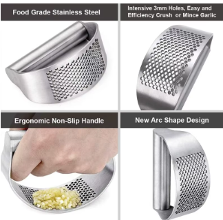 Stainless Steel Garlic Press Rocker - Garlic Mincer Tool Handheld Garlic Crusher Ginger Cutter Garlic Press Cutter - Silicone Garlic Peeler Tube and Cleaning Brush Kitchen Gadgets Garlic Chopper