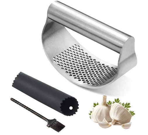 Stainless Steel Garlic Press Rocker - Garlic Mincer Tool Handheld Garlic Crusher Ginger Cutter Garlic Press Cutter - Silicone Garlic Peeler Tube and Cleaning Brush Kitchen Gadgets Garlic Chopper