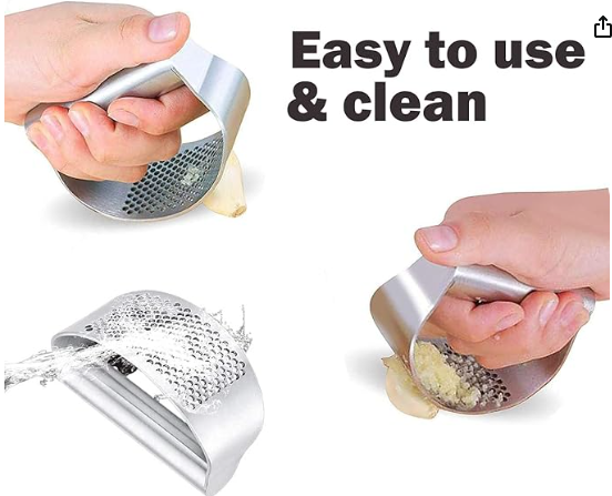 Stainless Steel Garlic Press Rocker - Garlic Mincer Tool Handheld Garlic Crusher Ginger Cutter Garlic Press Cutter - Silicone Garlic Peeler Tube and Cleaning Brush Kitchen Gadgets Garlic Chopper